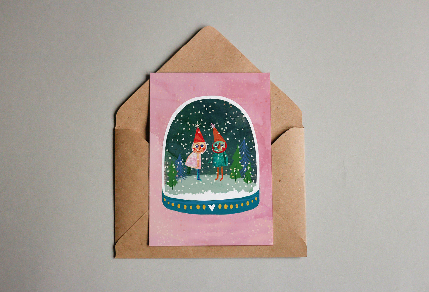 Postkarte Schneekugel Wichtel