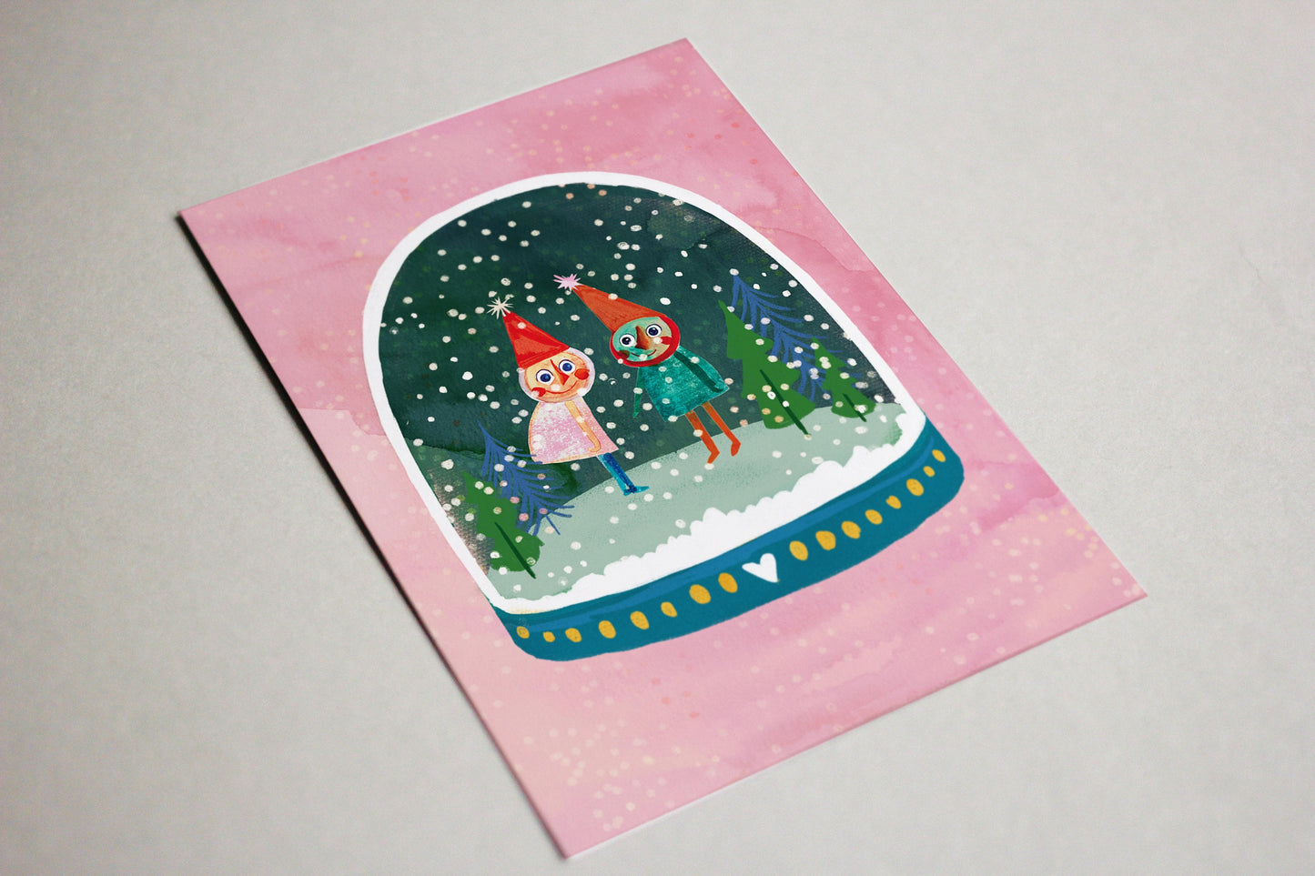 Postkarte Schneekugel Wichtel