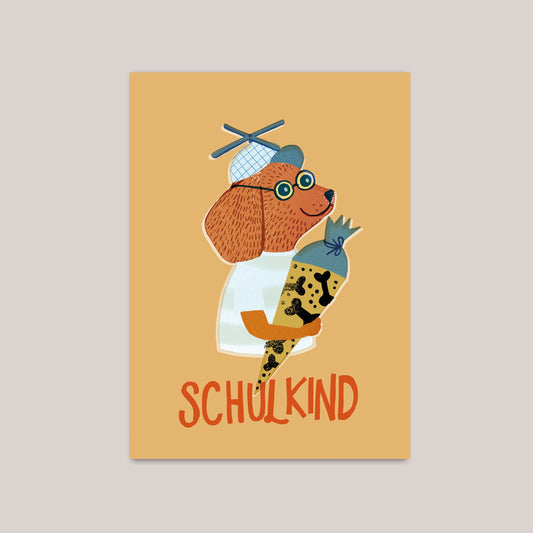 Postkarte Schulkind Hund