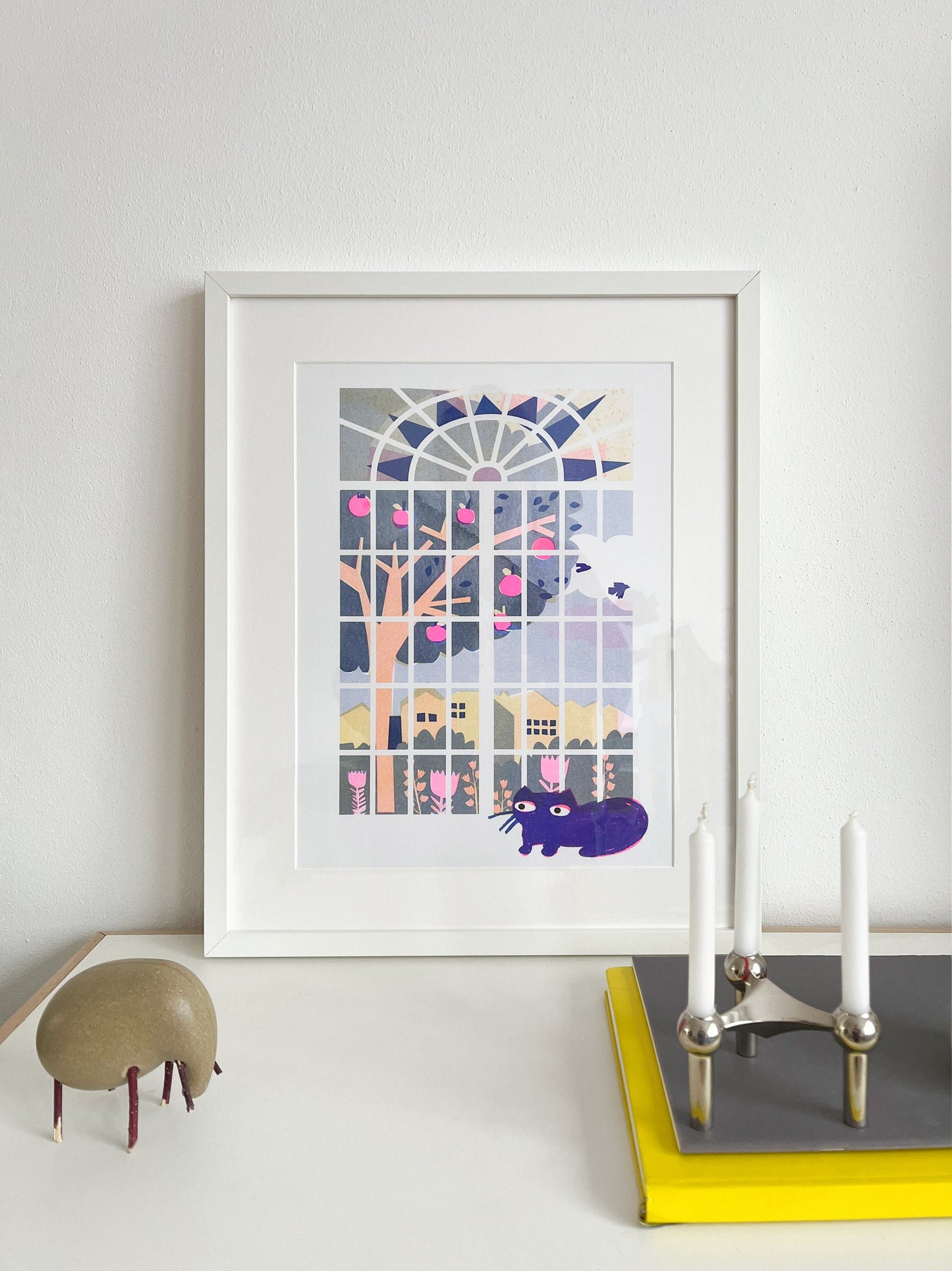Riso Print Katze am Fenster Risografie