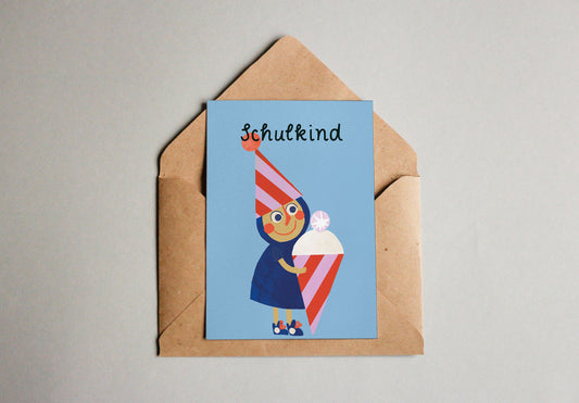 Postkarte Wichtel Schulkind