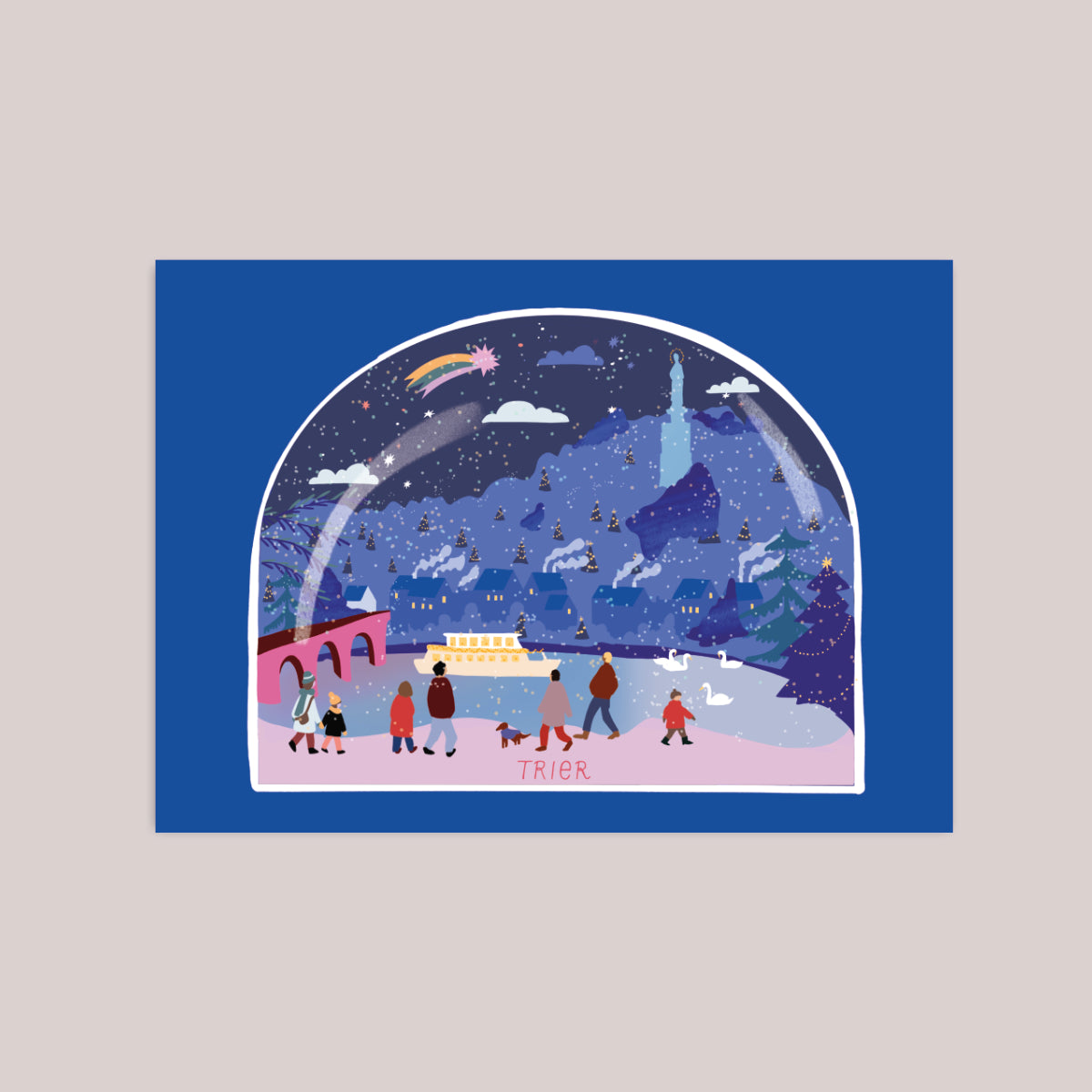 Postkarte: Mariensäule, Brücke in Trier DinA6 Winterliche Stimmung an der Mosel mit Boot, Lichtern und Mariensäule.