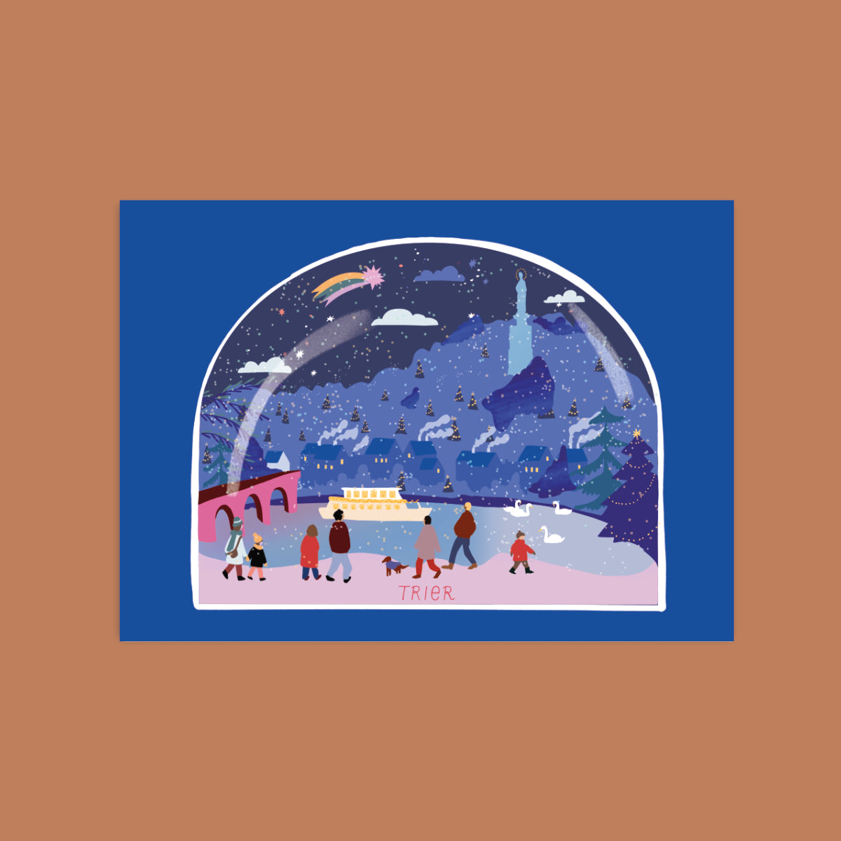 Postkarte: Mariensäule, Brücke in Trier DinA6 Winterliche Stimmung an der Mosel mit Boot, Lichtern und Mariensäule.