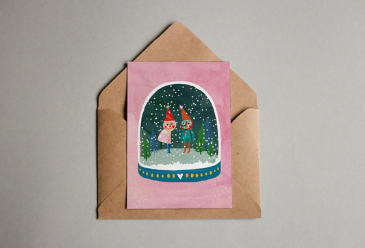 Postkarte Schneekugel Wichtel