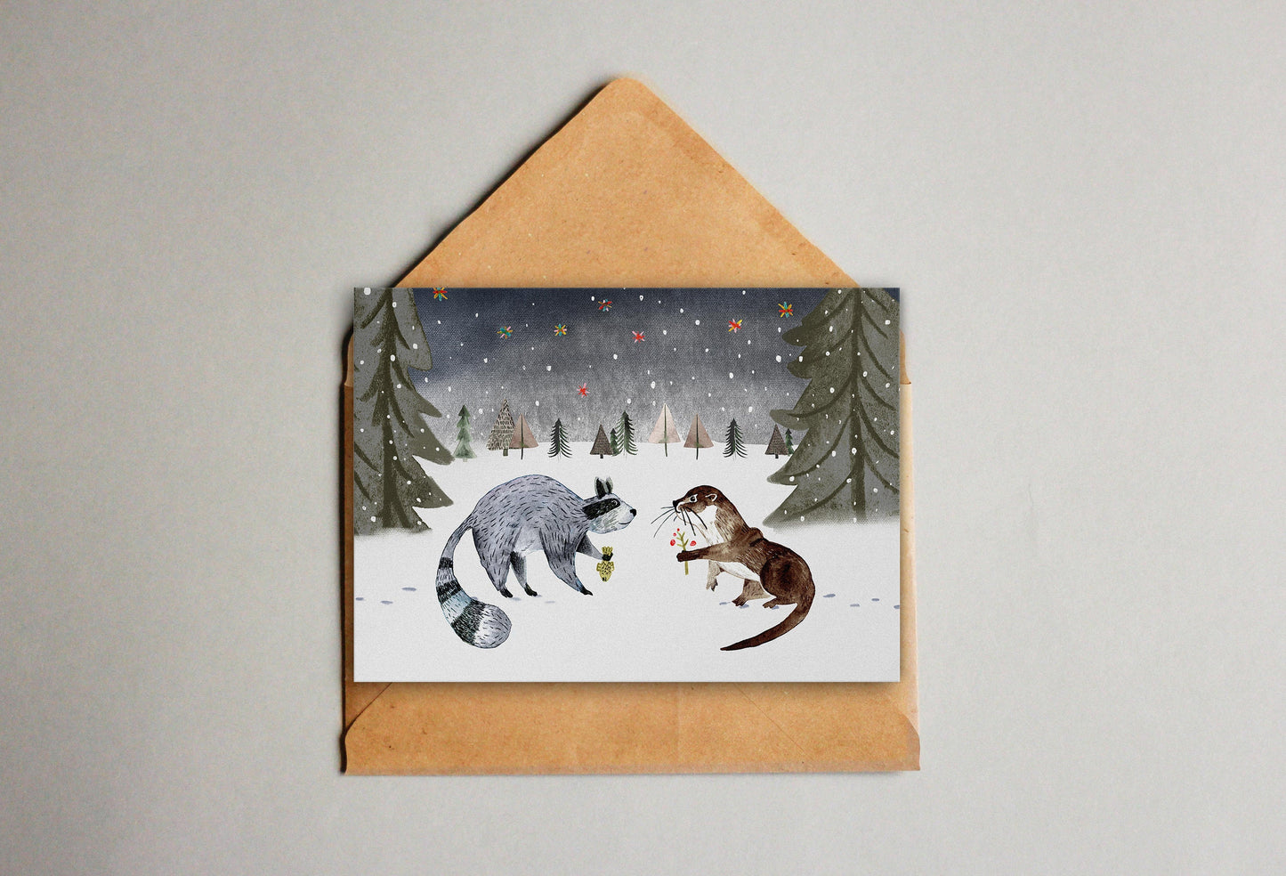 Postkarte Waschbär und Otter